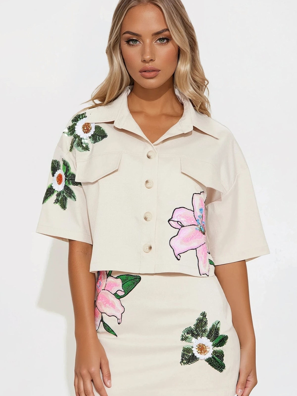 Fashion Nova Cream Cropped Button-Down with Floral Appliqué
